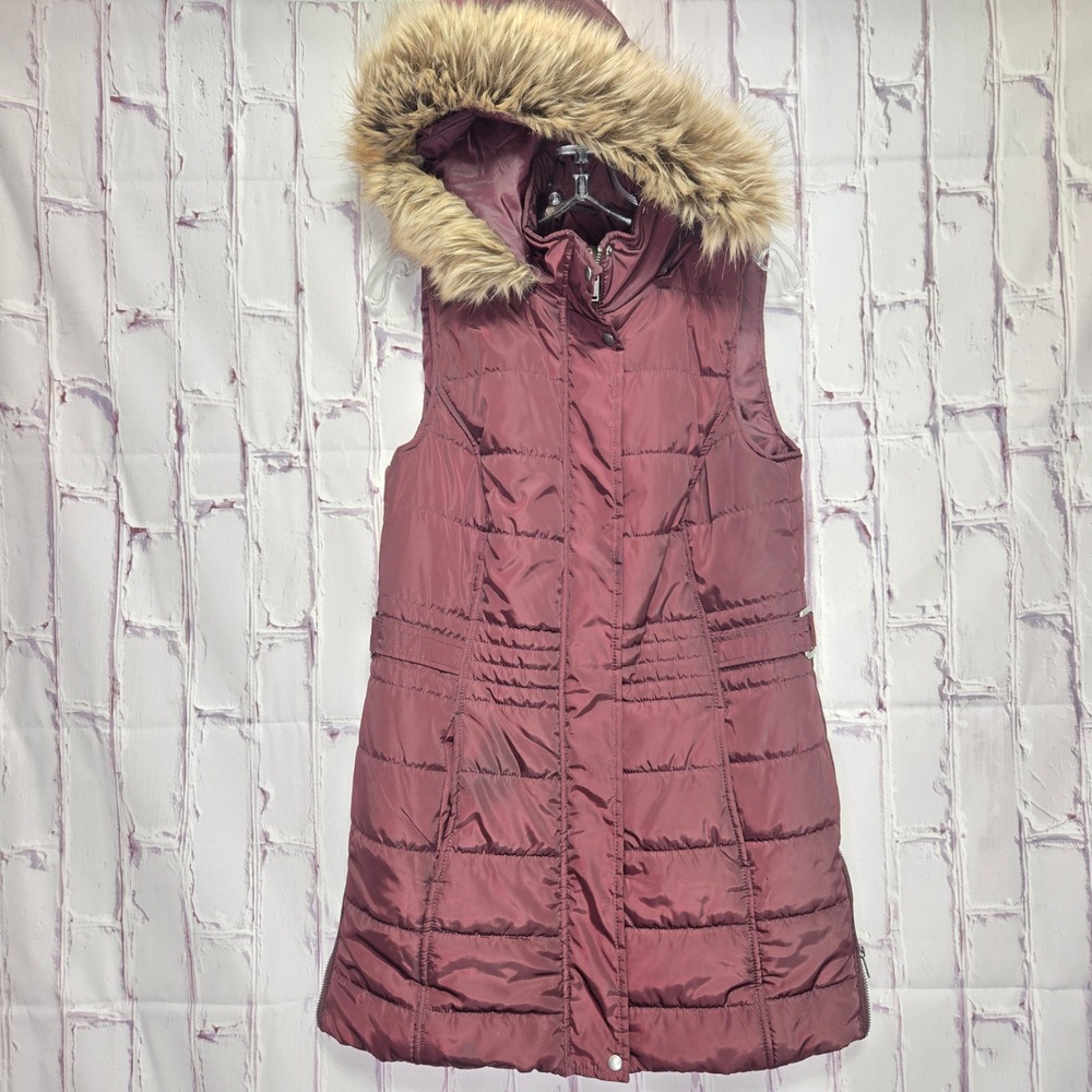 maurices Womens Burgundy Puffer Vest Faux Fur Hood Hooded Sleeveless XS Winter8